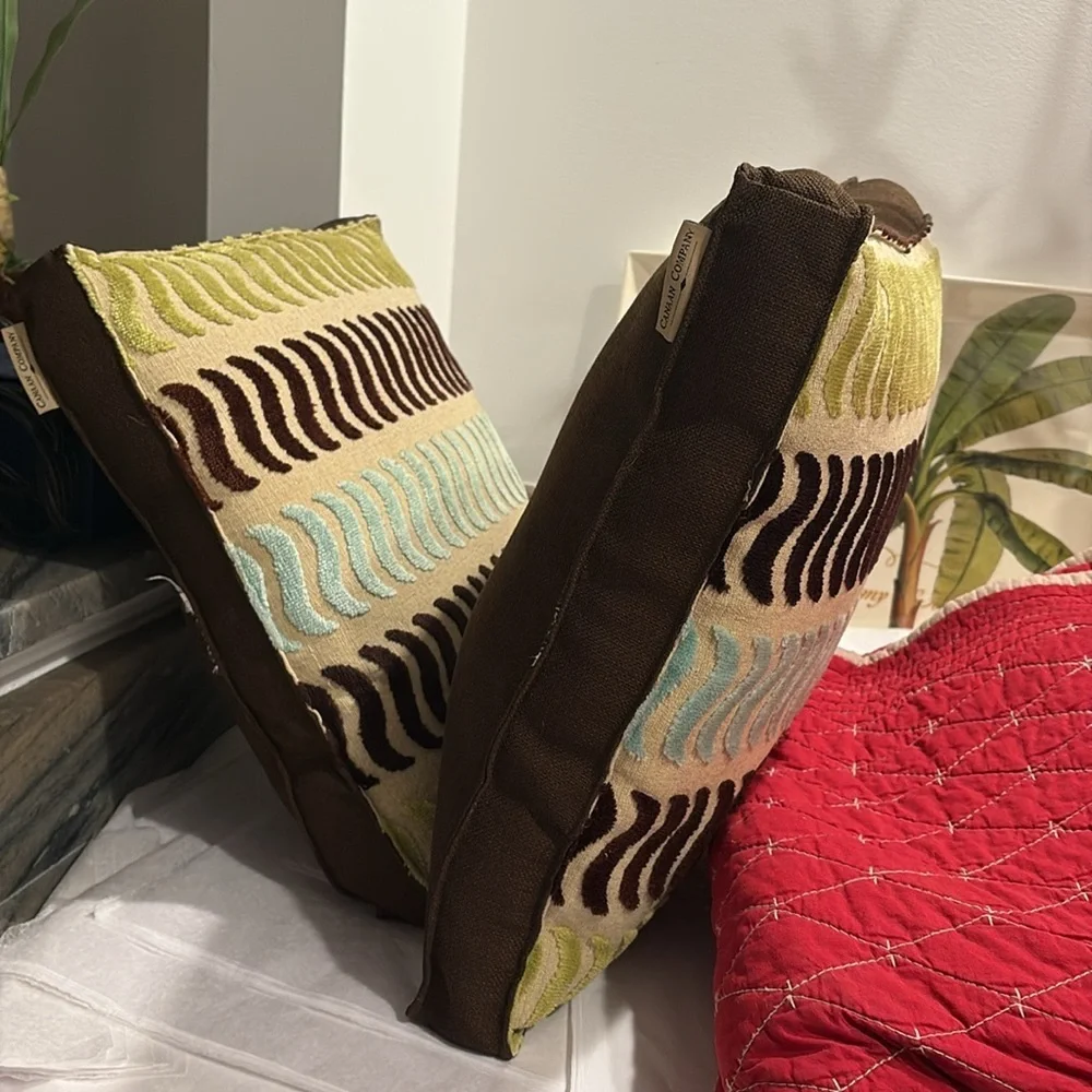 2 Canaan Co.Throw Pillows with Chartruse, Brown and Light Blue Geometric Accents